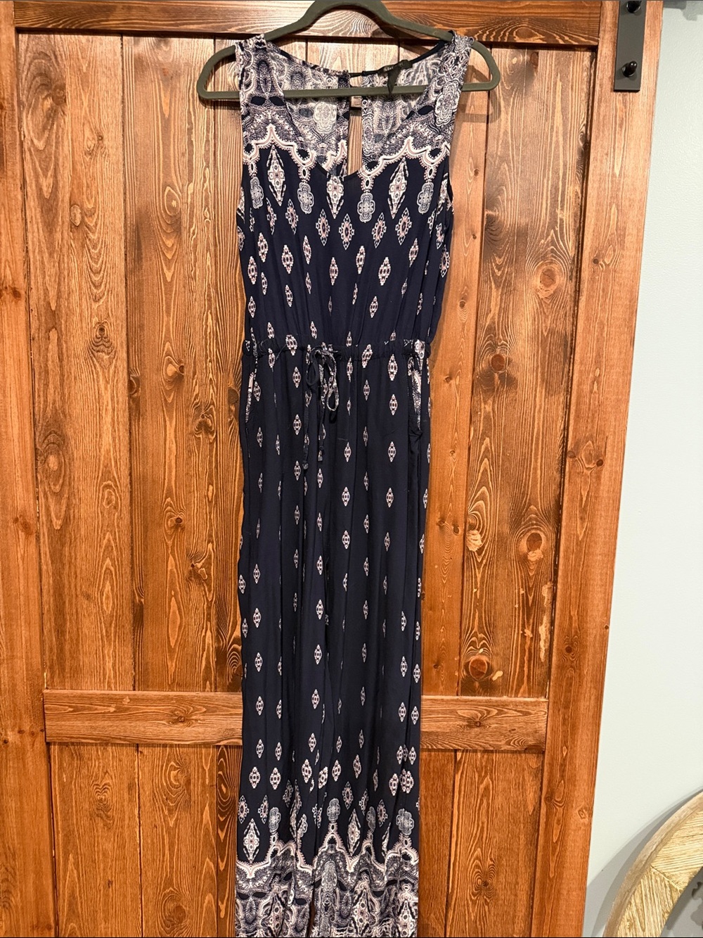 Sleeveless Navy Printed Maxi Dress with Waist Tie